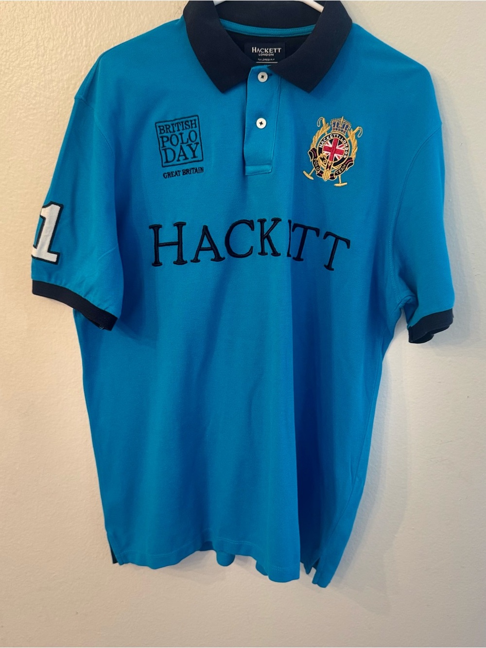 Hackett London Polo in Bright Teal with Navy Collar